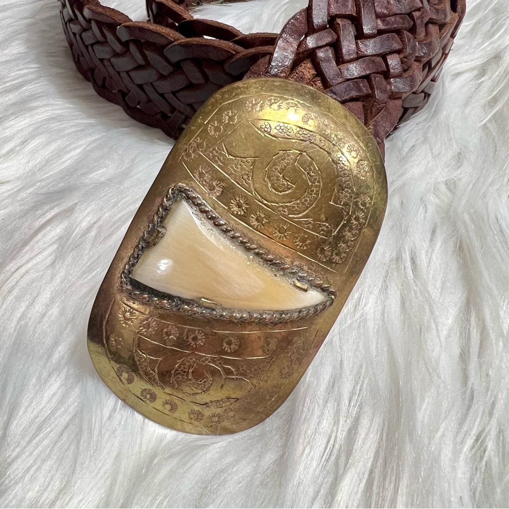 Chico’s 100% Genuine Leather Braided Belt w/ Ornate Brass Buckle - Picture 2 of 3